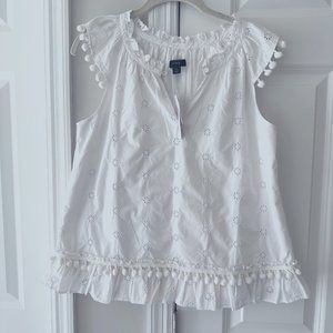 J. Crew Eyelet Cotton Pom-Pom Top Item AM619 - White/Size Small